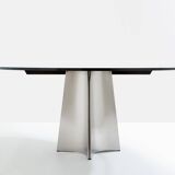 Table de Luigi Saccardo pour Maison Jansen acier brossé verre noir 1970