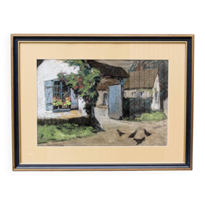 Pastel, cour de ferme, - jean