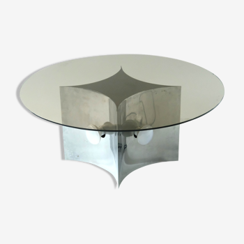 Table basse italienne avec plateau en verre fumé et lampe chromée, années 1970