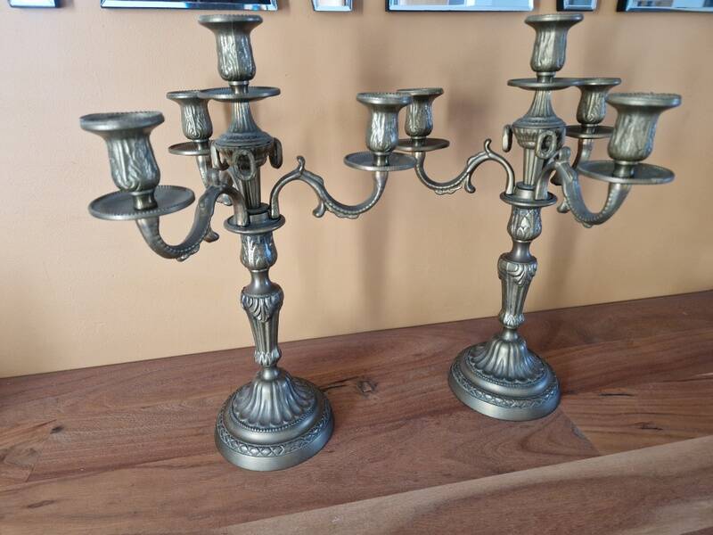 Pair of gilded bronze and brass candelabra with 4 light arms.