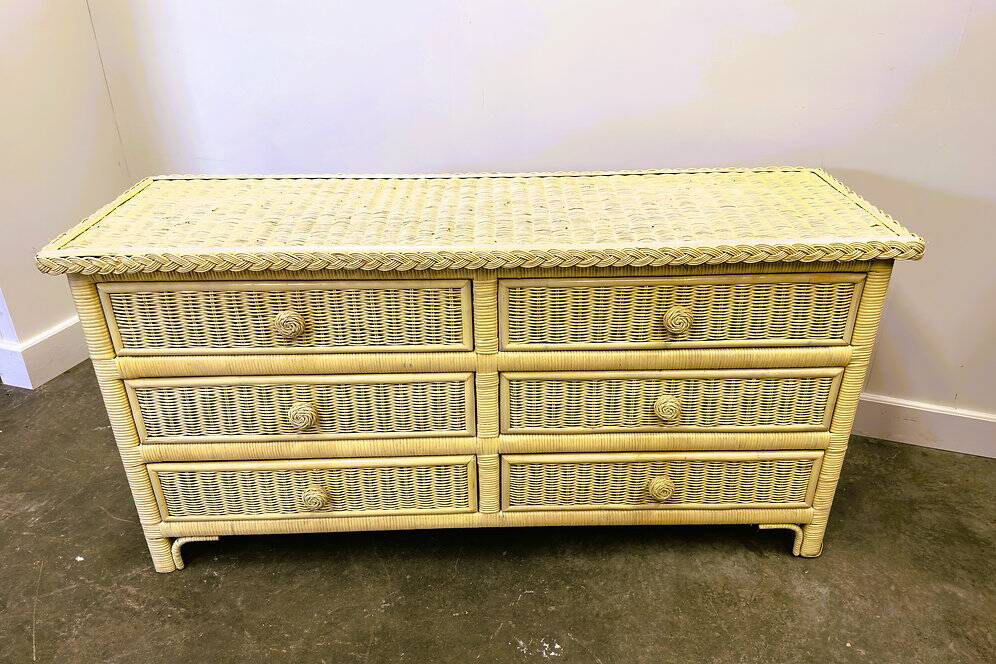Mid-century pale yellow rattan and bamboo chest of drawers