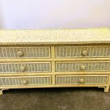Mid-century pale yellow rattan and bamboo chest of drawers