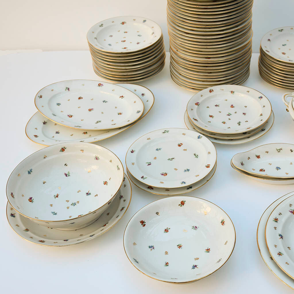 Porcelain service plates and white and flowery dishes 74 pieces Limoges