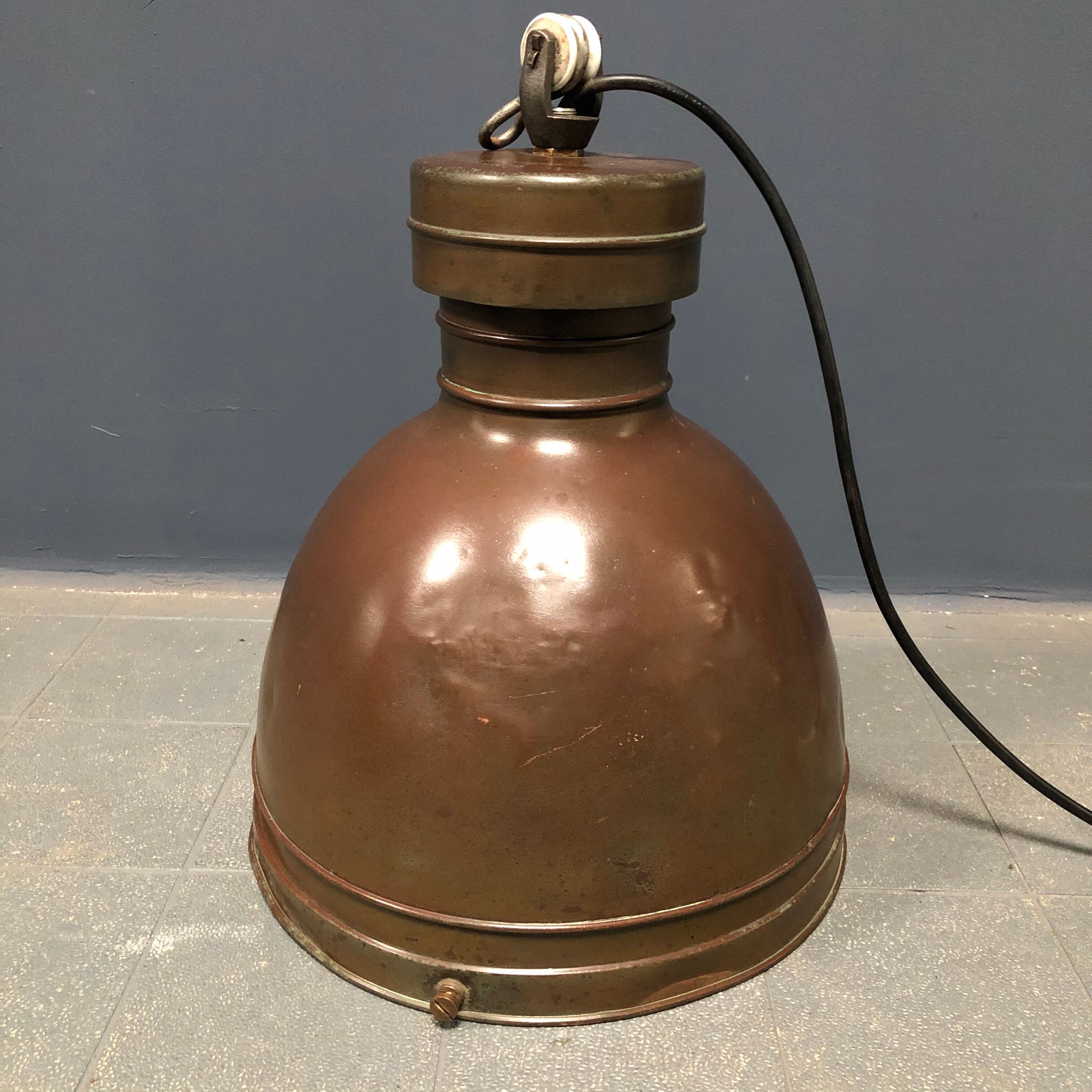 Old copper industrial church pendant light, Dutch 1930