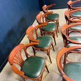 Set of 10 wooden bistro armchairs with green leatherette palmette from the 80s France