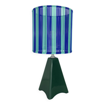 Vintage ceramic pyramid lamp in green with a striped scoubidou shade.