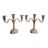 Ancien Paire Candélabre Art Déco Louis XV 3 eux Métal Argenté Chandeliers