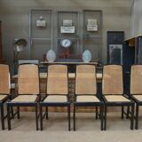 Set of 6 Vintage caned chairs in black lacquered wood, original 1970