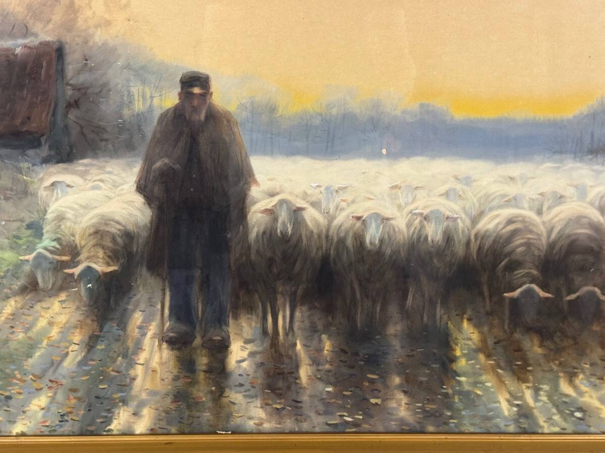 “Shepherd and his flock”, watercolor on paper, signed Maurice Hagemans