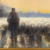 “Shepherd and his flock”, watercolor on paper, signed Maurice Hagemans