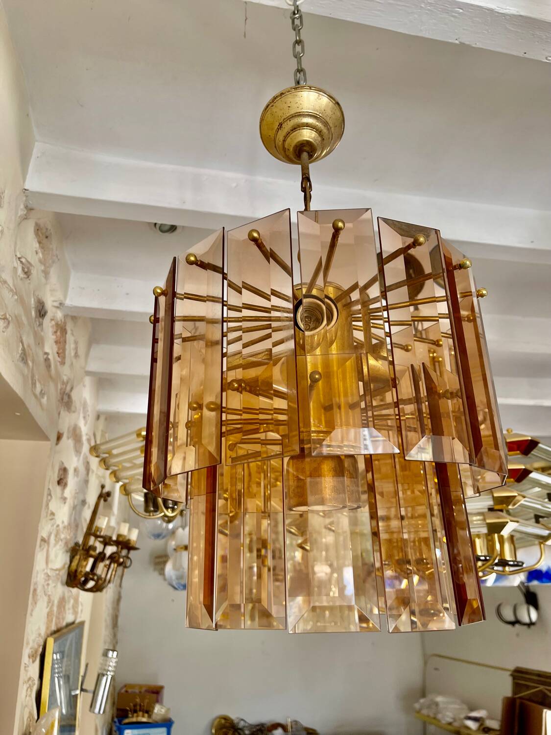 Veca chandelier glass structure brass, Spain 1960