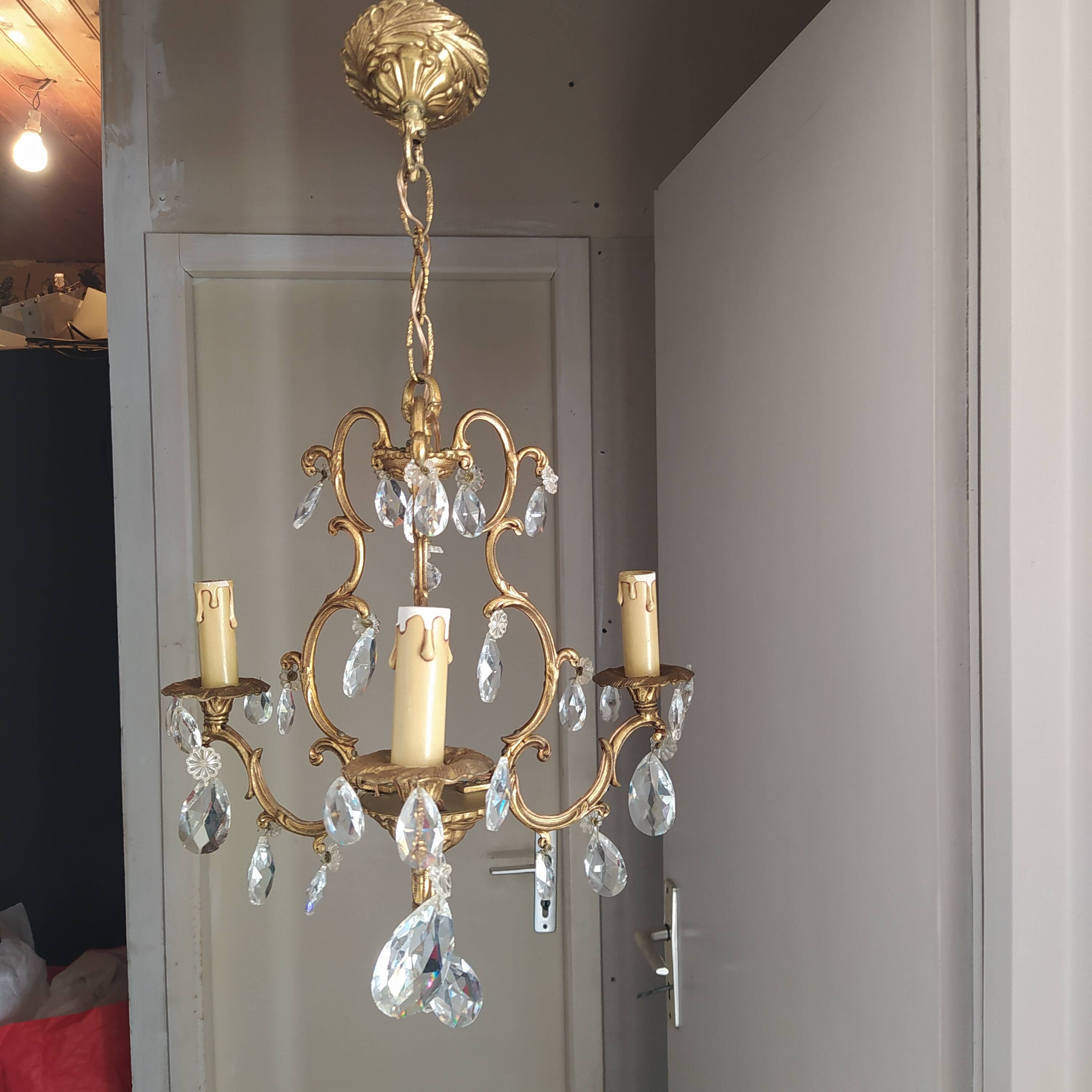 Louis xv bronze chandelier with crystal pendants 3 lights