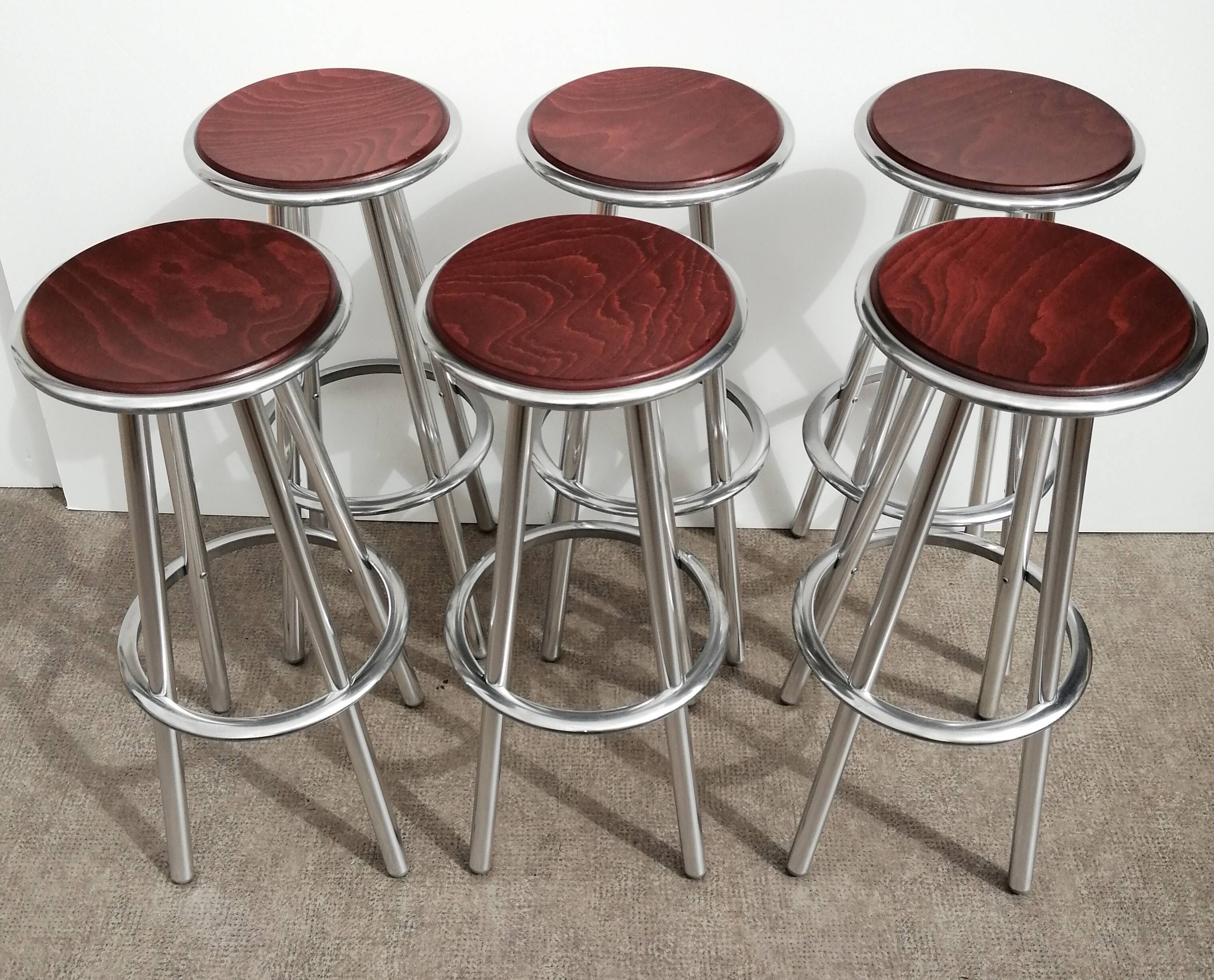 Set of 6 aluminum and wood bar stools in the Amat-3 style for Knoll, vintage 1990