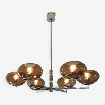 6-light chandelier by Italian designer Sciolari, chrome and smoked glass - 1970s - Vintage