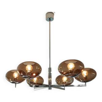 6-light chandelier by Italian designer Sciolari, chrome and smoked glass - 1970s - Vintage