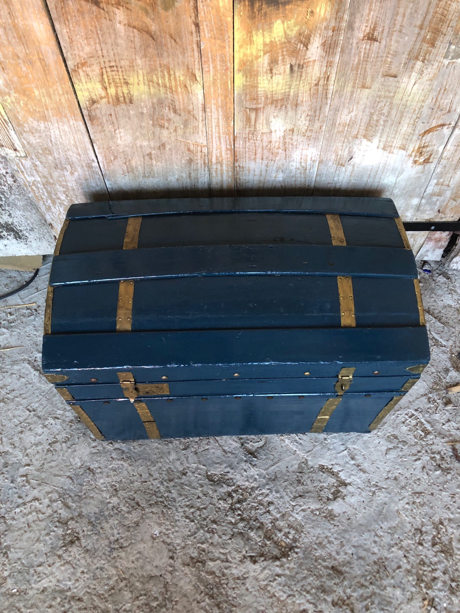 Old vintage blue & gold wood storage chest #a127