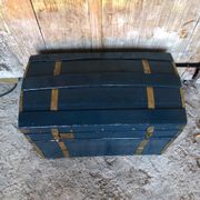 Old vintage blue & gold wood storage chest #a127