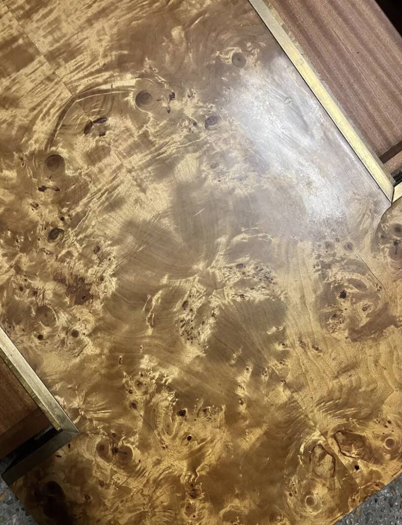 Elm burl coffee table with integrated drawers, Roche Bobois 1970