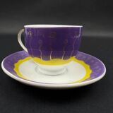 Set of 6 modern purple yellow and gold porcelain coffee cups from the 80s