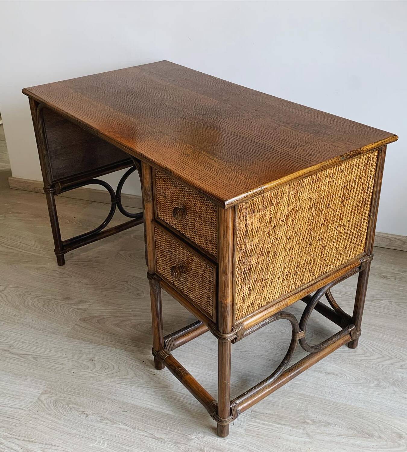 Vintage bamboo and wood rattan desk