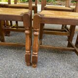 8 solid oak chairs in medium oak with straw, farmhouse style, high back.