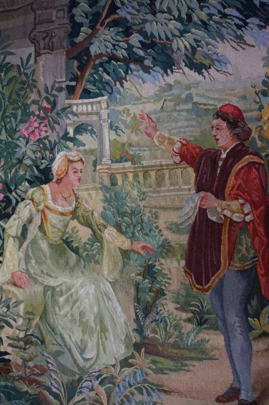 Tapisserie Aubusson française antique avec scène romantique