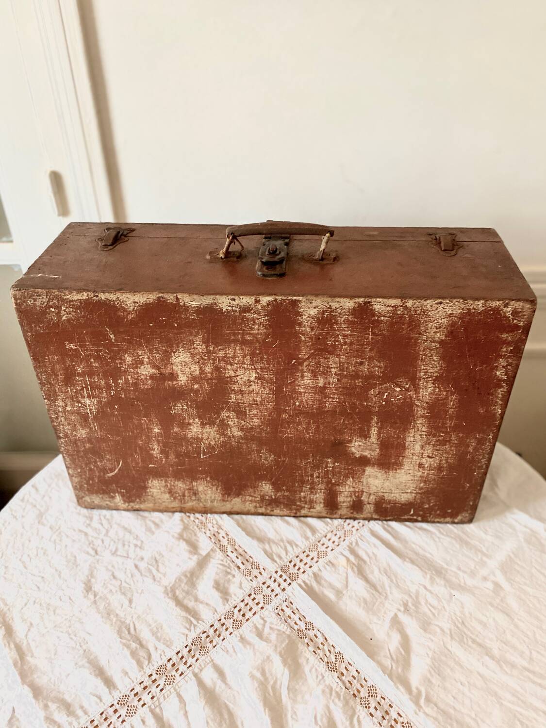 Large wooden trunk suitcase with Tunisia inscription