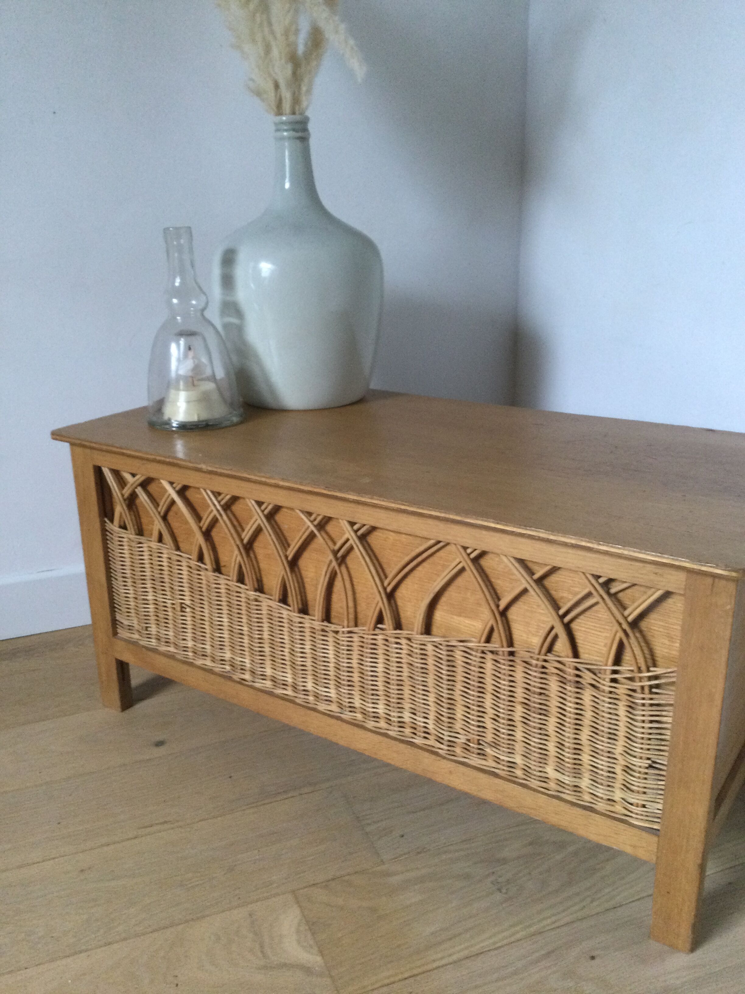Vintage wood and rattan chest