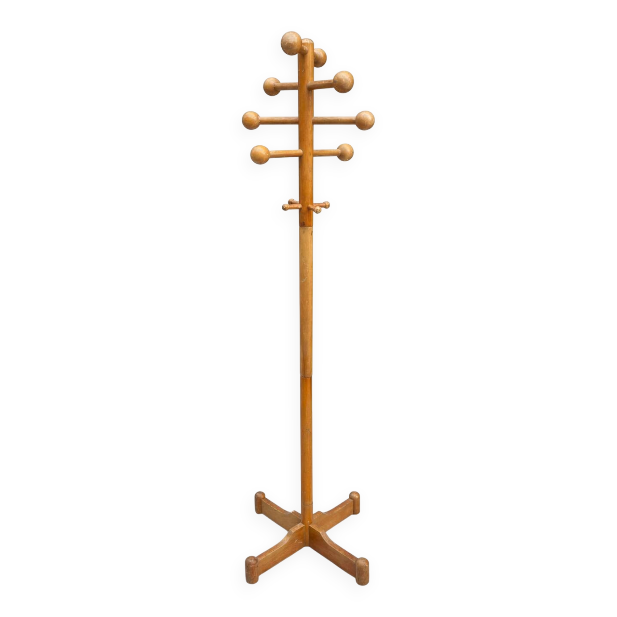 Vintage turned wooden coat rack – 1970s design – authentic patina