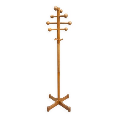 Porte-manteau vintage en bois tourné – design années 70 – patine authentiqu