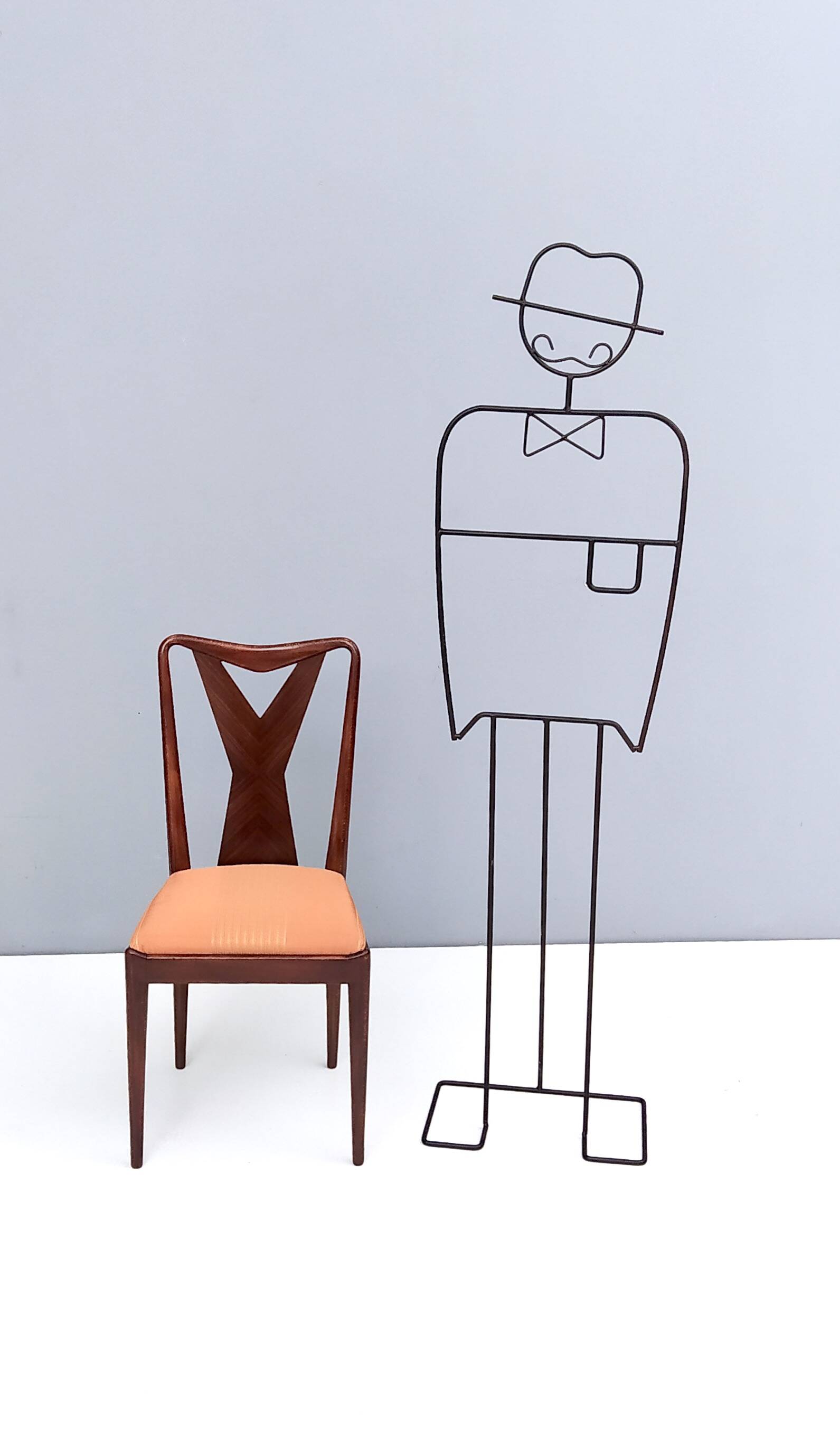 Set of Six Walnut Dining Chairs with Orange Fabric in the Style of Parisi