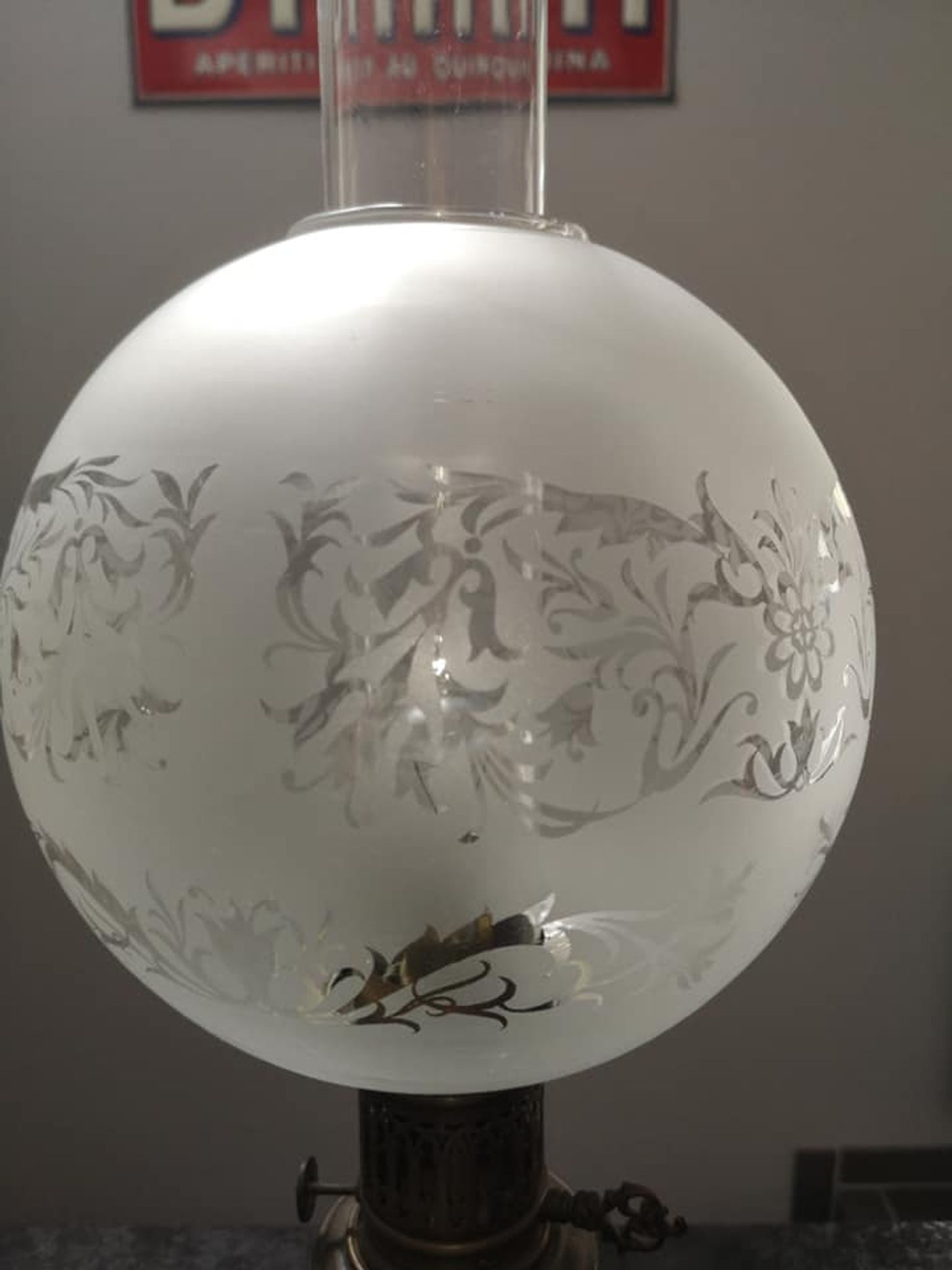 Old large ceramic lamp cracked globe + glass tube H 59 cm TBE