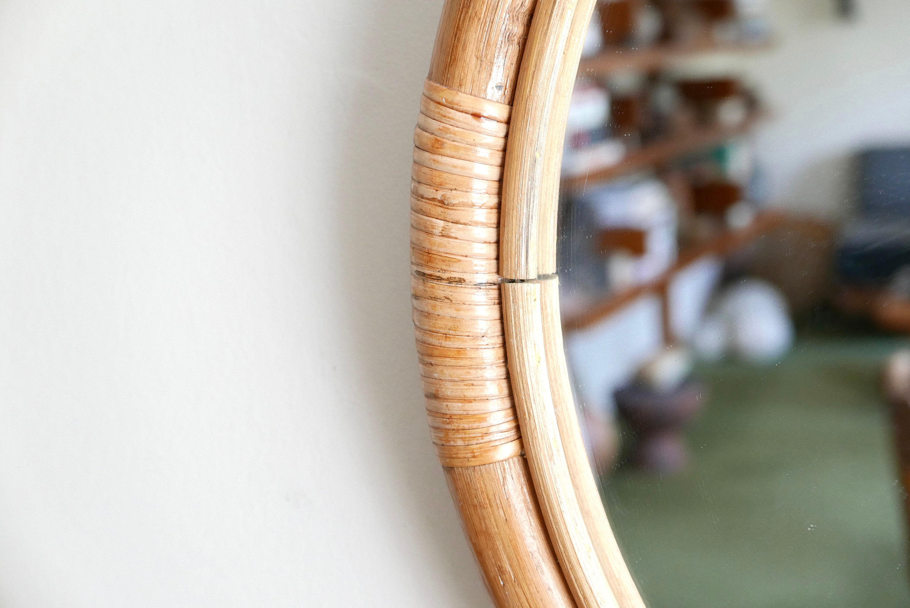 Large round mirror rattan bamboo, 50's