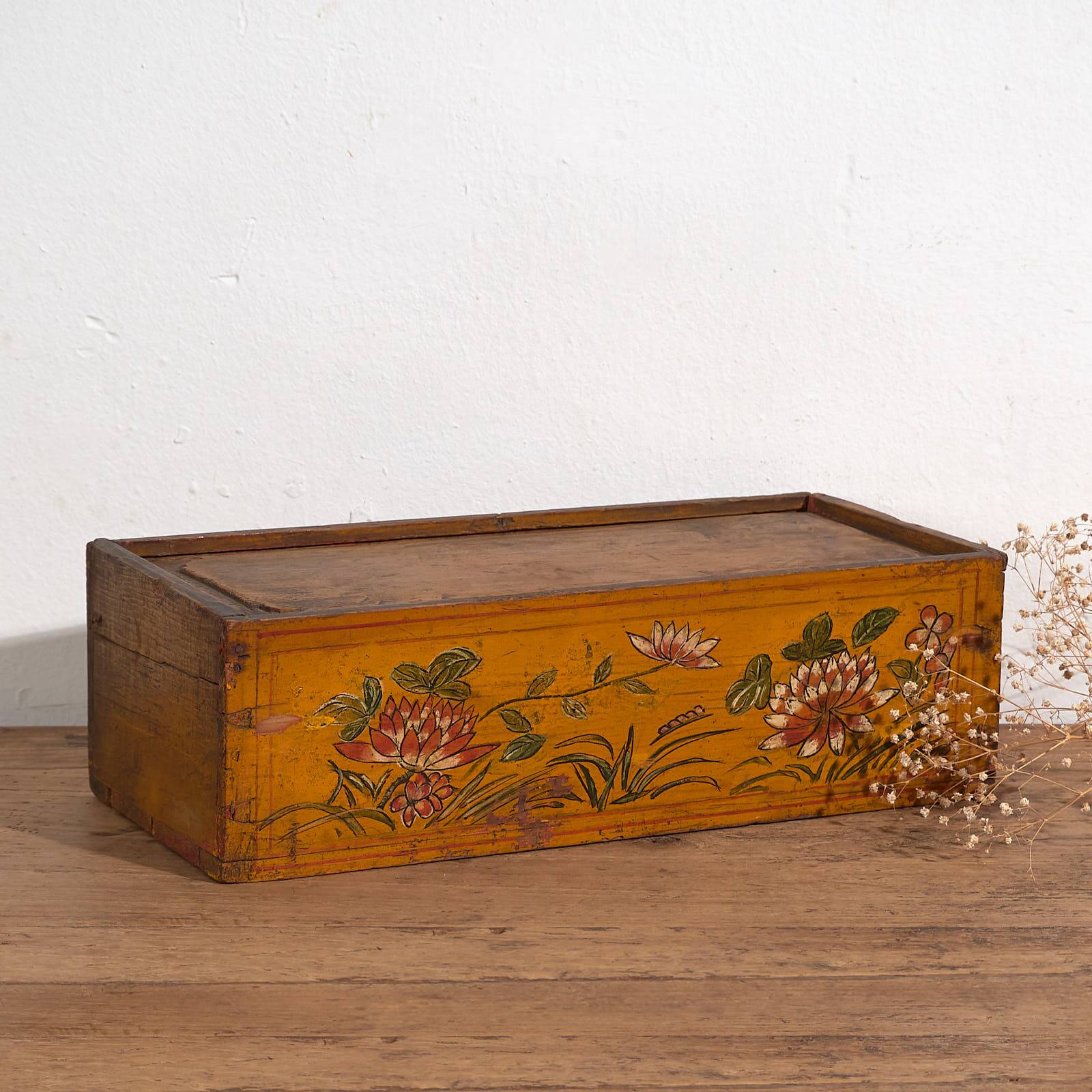 Antique Asian ochre-colored box with lotus flowers (c.1900) #1