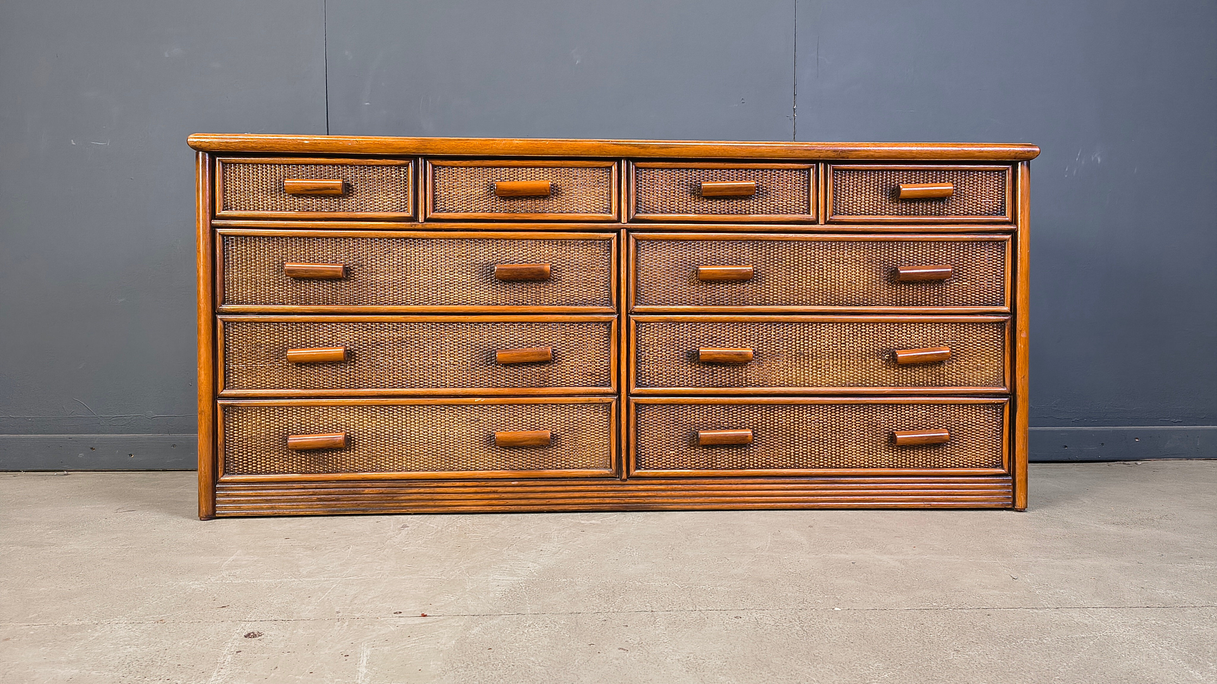 Vintage rattan and bamboo chest of drawers, 1970s