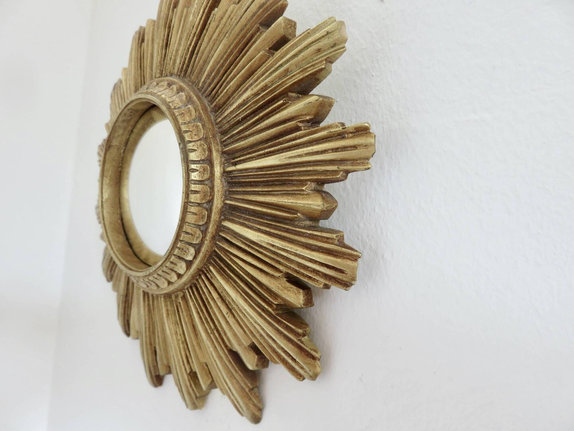 Old small golden sun mirror, witch's eye, curved, 60s-70s.