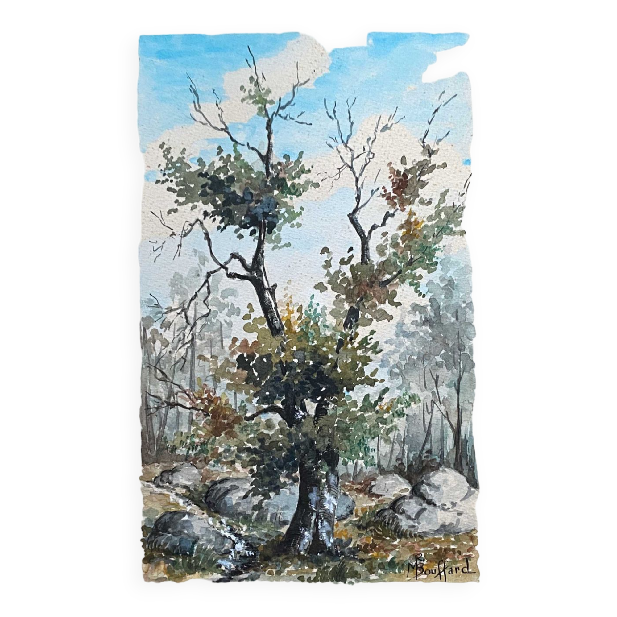 Watercolor painting "On the edge of the forest" signed MR Bouffard - mid 20th century