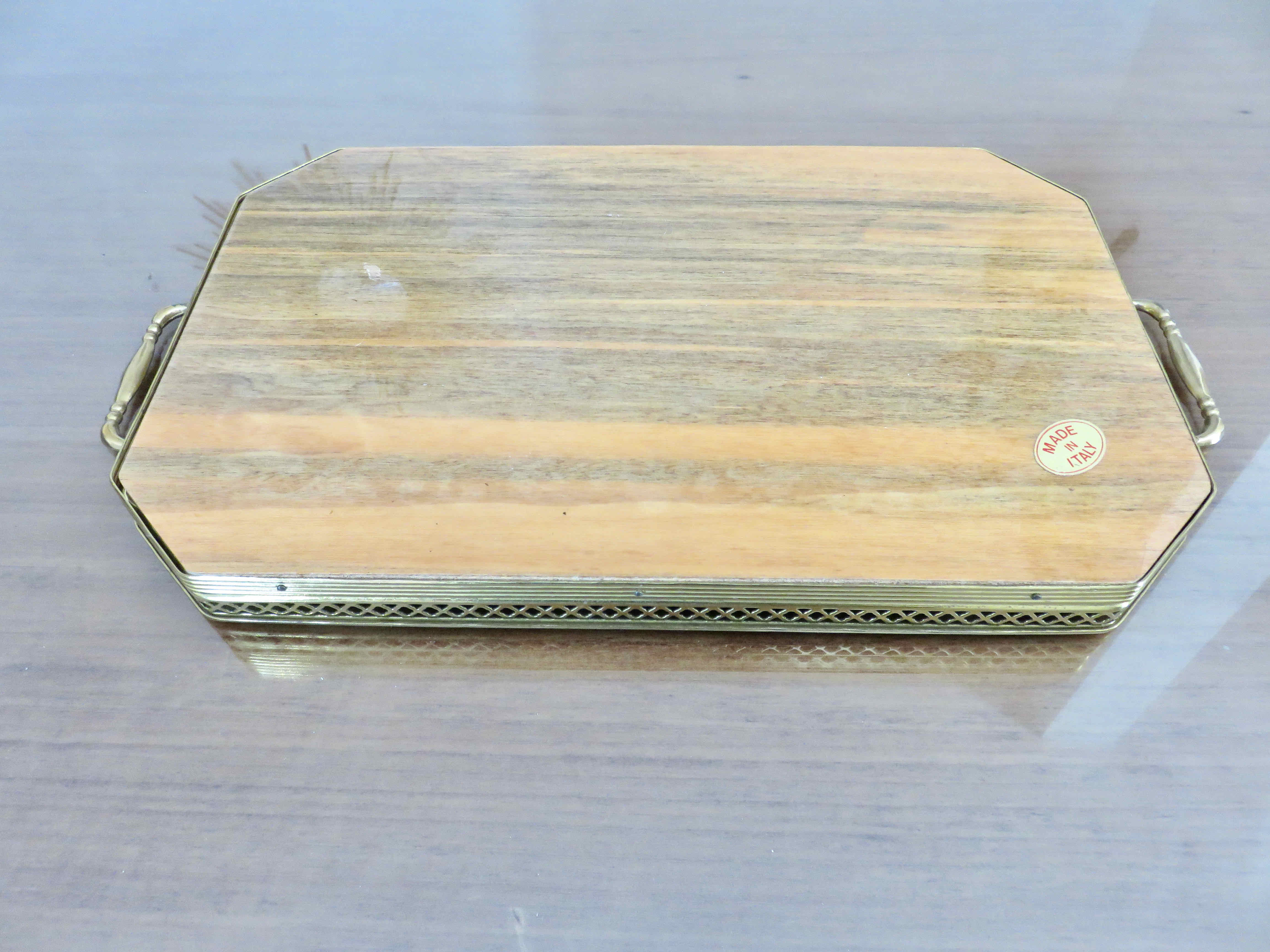 Octagonal tray in marquetry and brass, Italy, Art Deco 1940s 1950s