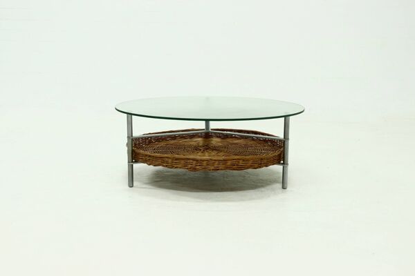 Table basse ronde en rotin, en verre et métal, années 1960