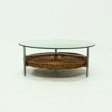 Round Coffee table with Rattan Magazine Rack and Glass Top 1960s