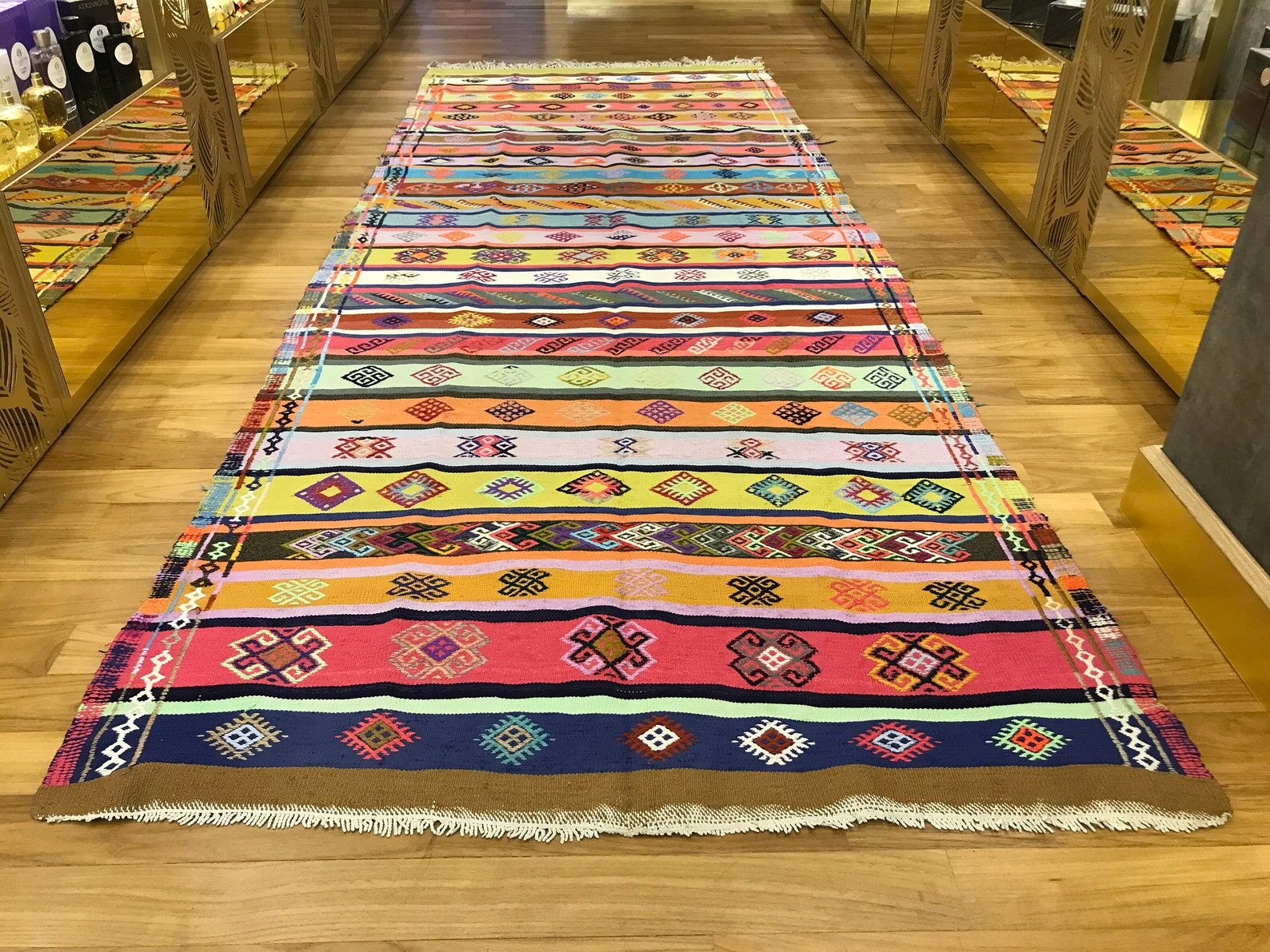 Colorful runner rug, handmade turkish kilim rug with ethnic patterns