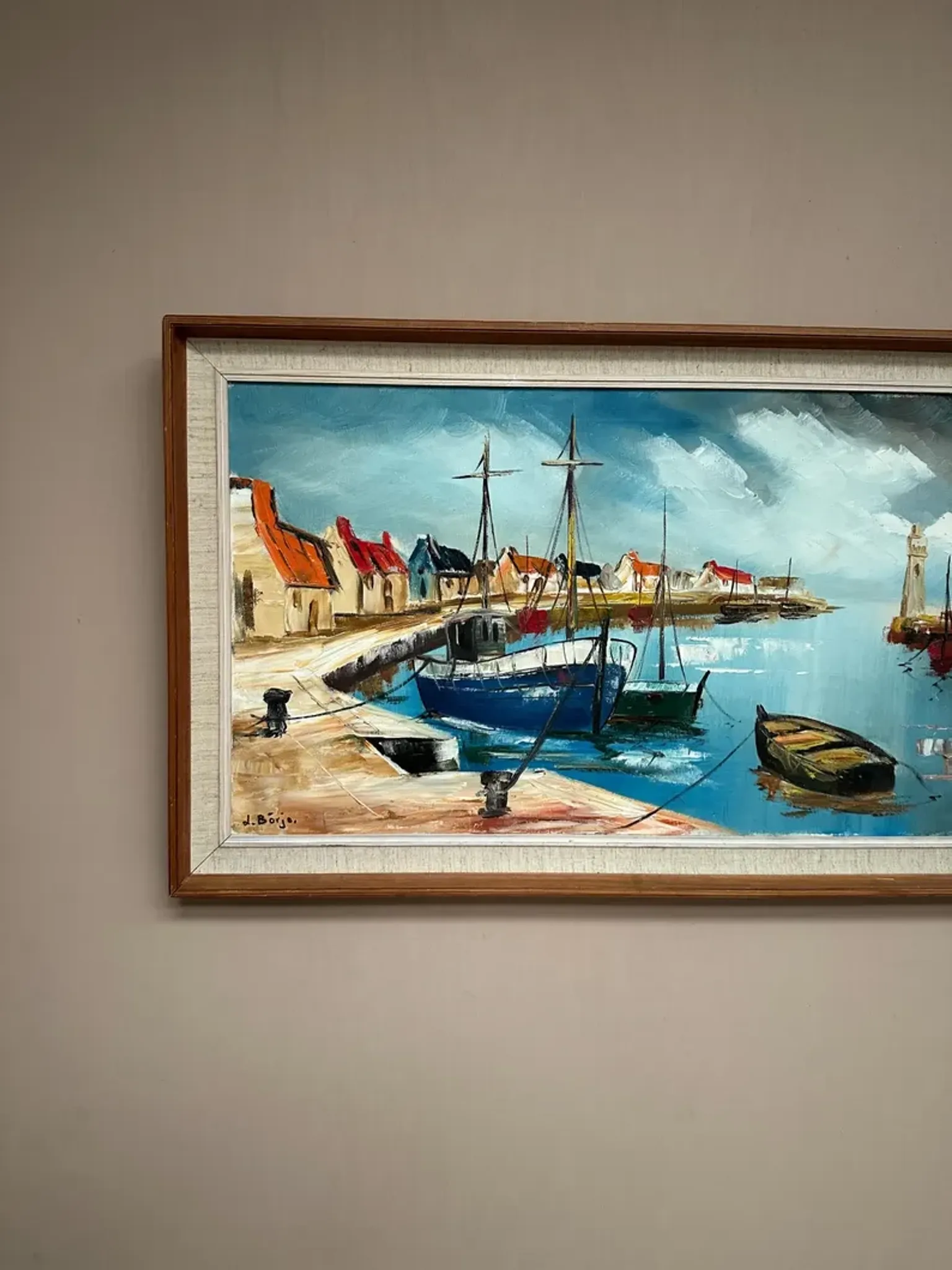 Original Swedish Oil on Canvas – “Boats” by Lennart Börje – Signed – Vintage & Framed 88.5 cm x 48.5 cm (34.8" × 19")