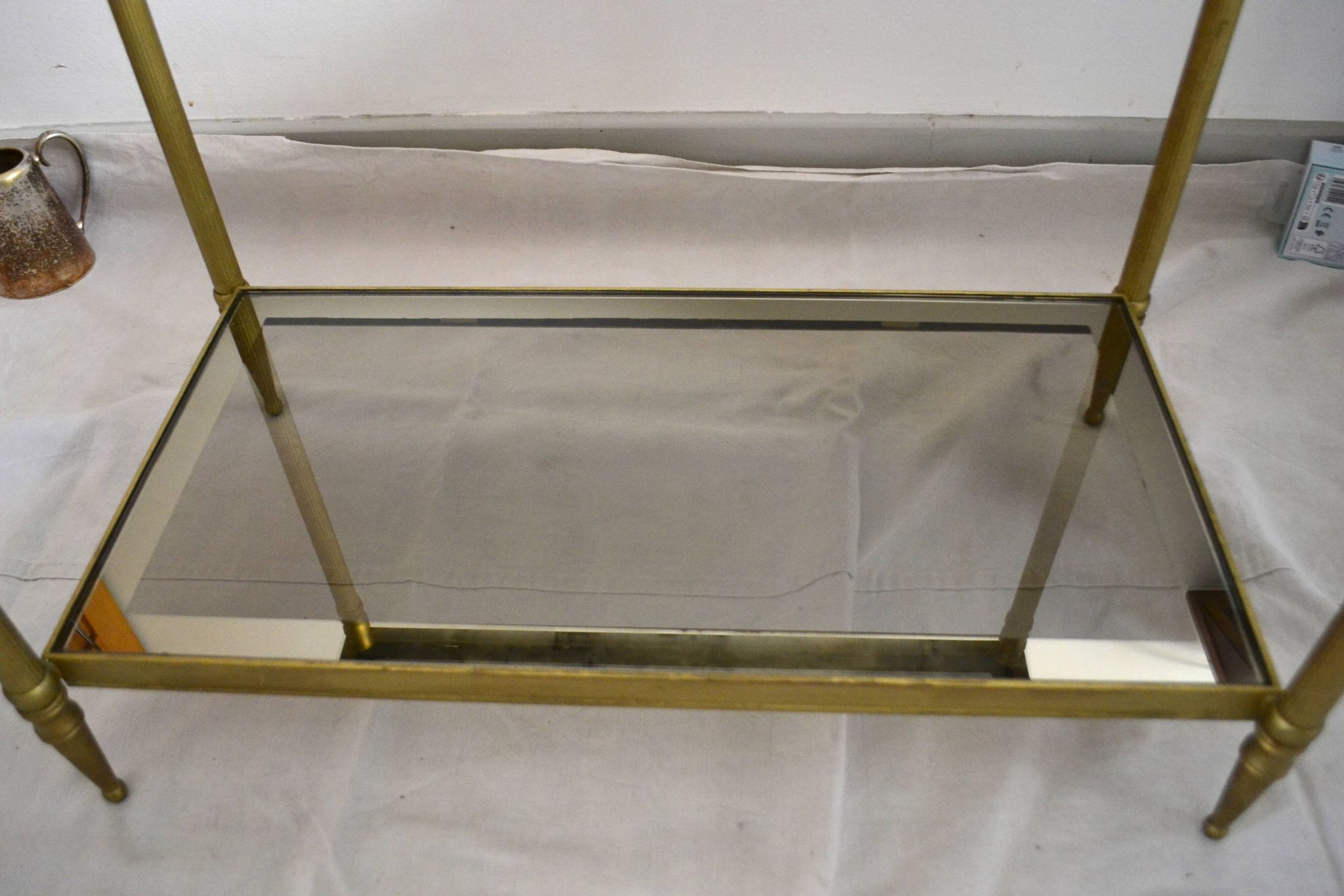 Side table, low table, gold brass, smoked glass, 70s.