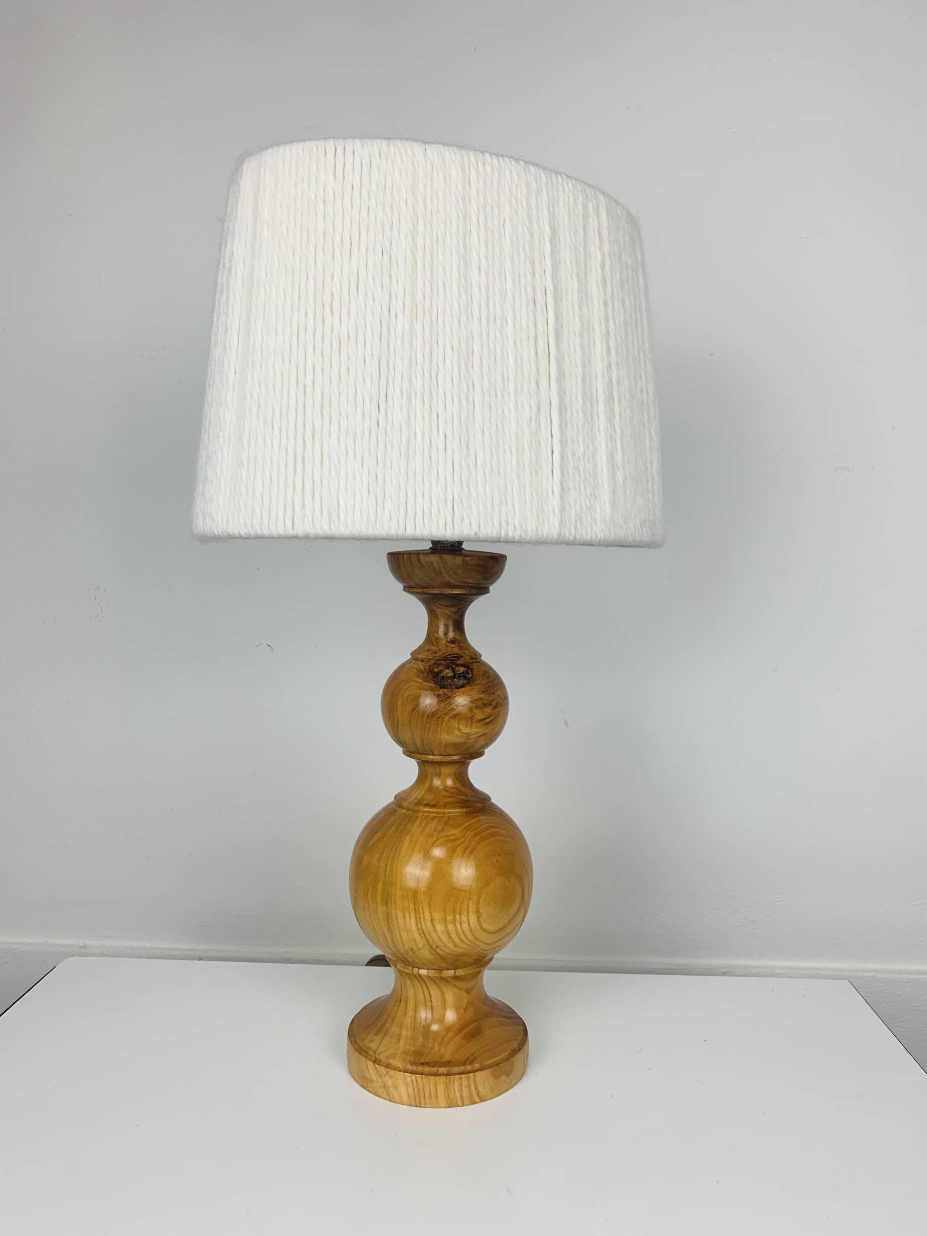 Turned wood lamp and vintage wool lampshade