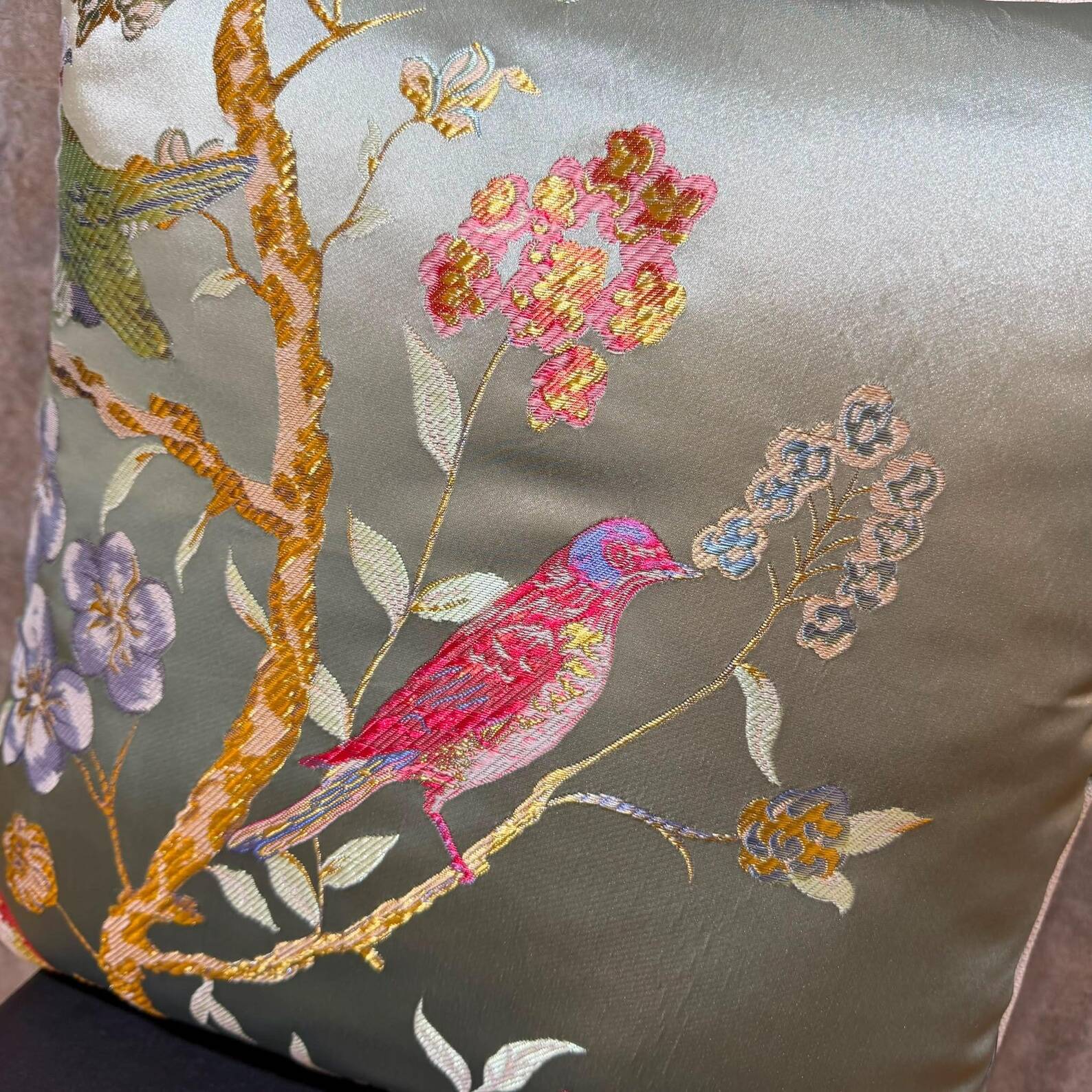 Chinoiserie Bird Cushion Cover, Cream Piped Silk Botanical Pillow