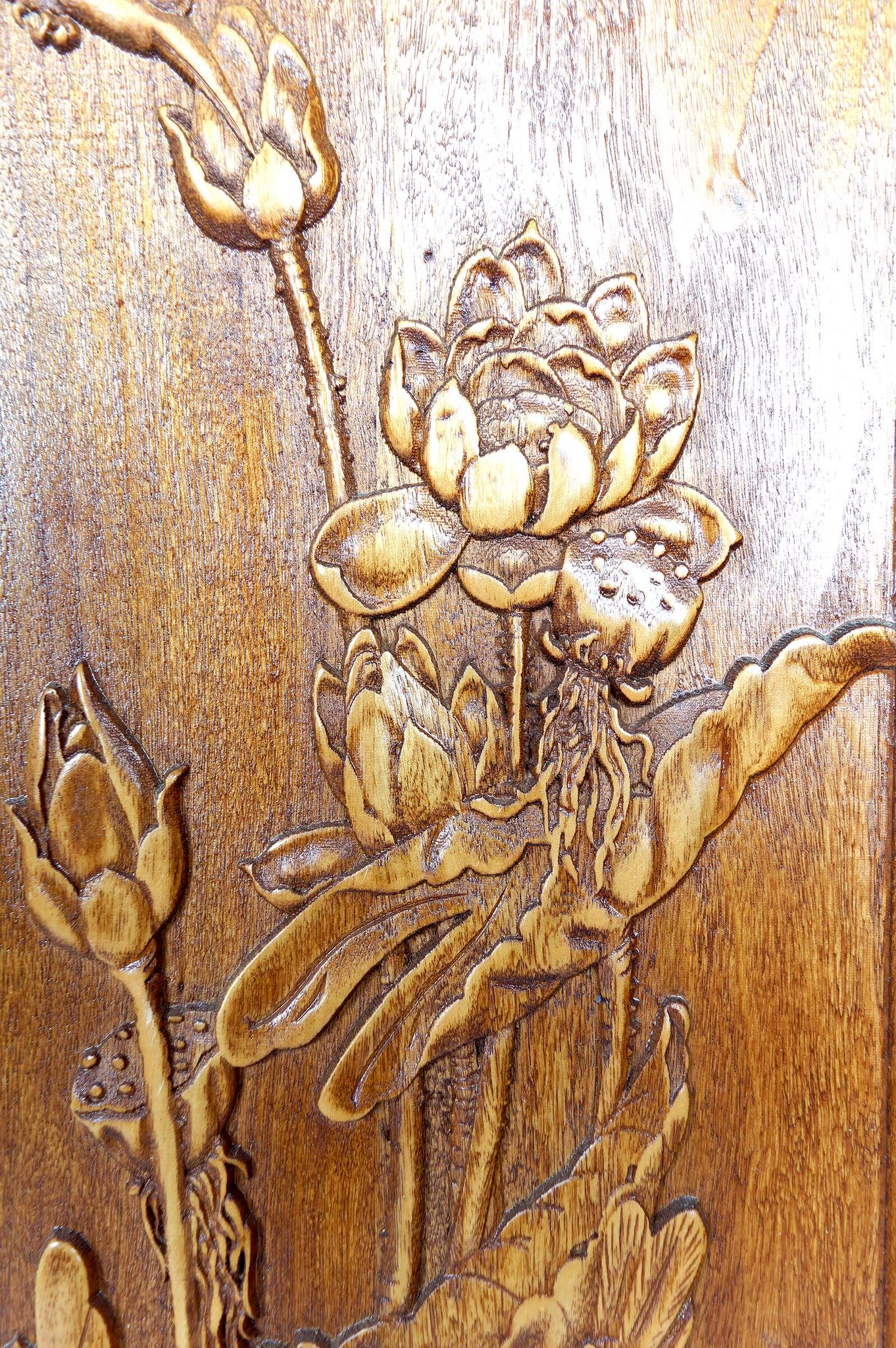 3 carved wooden panels, floral and animal decorations, Indochina