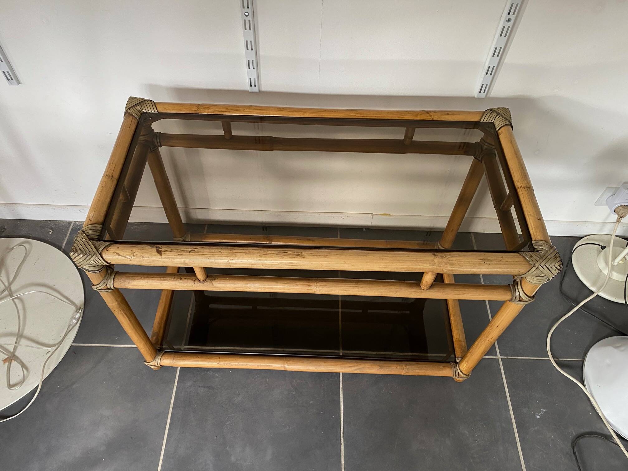 Vintage rattan and glass TV storage unit 1950
