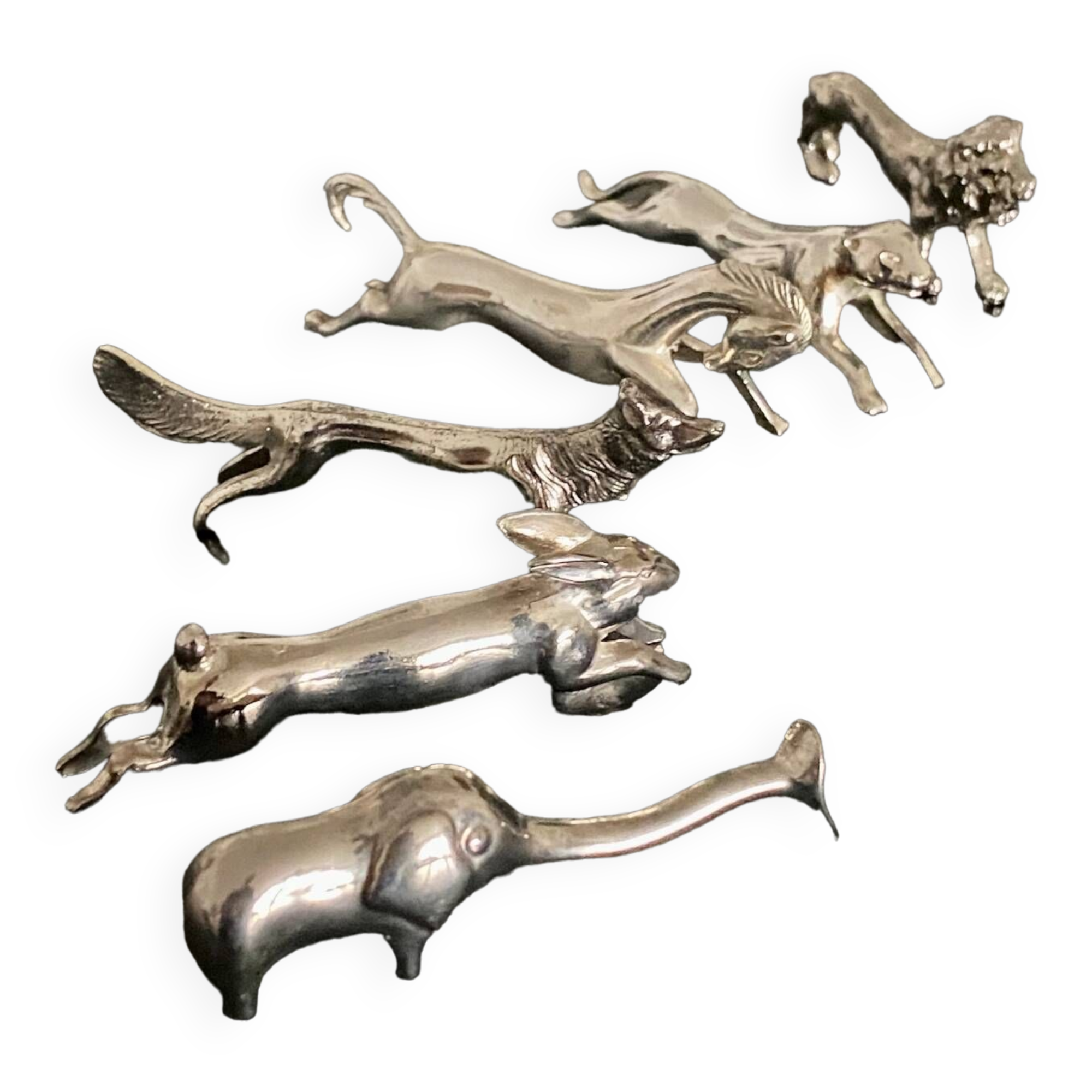 6 various animal shaped knife holders in silver metal