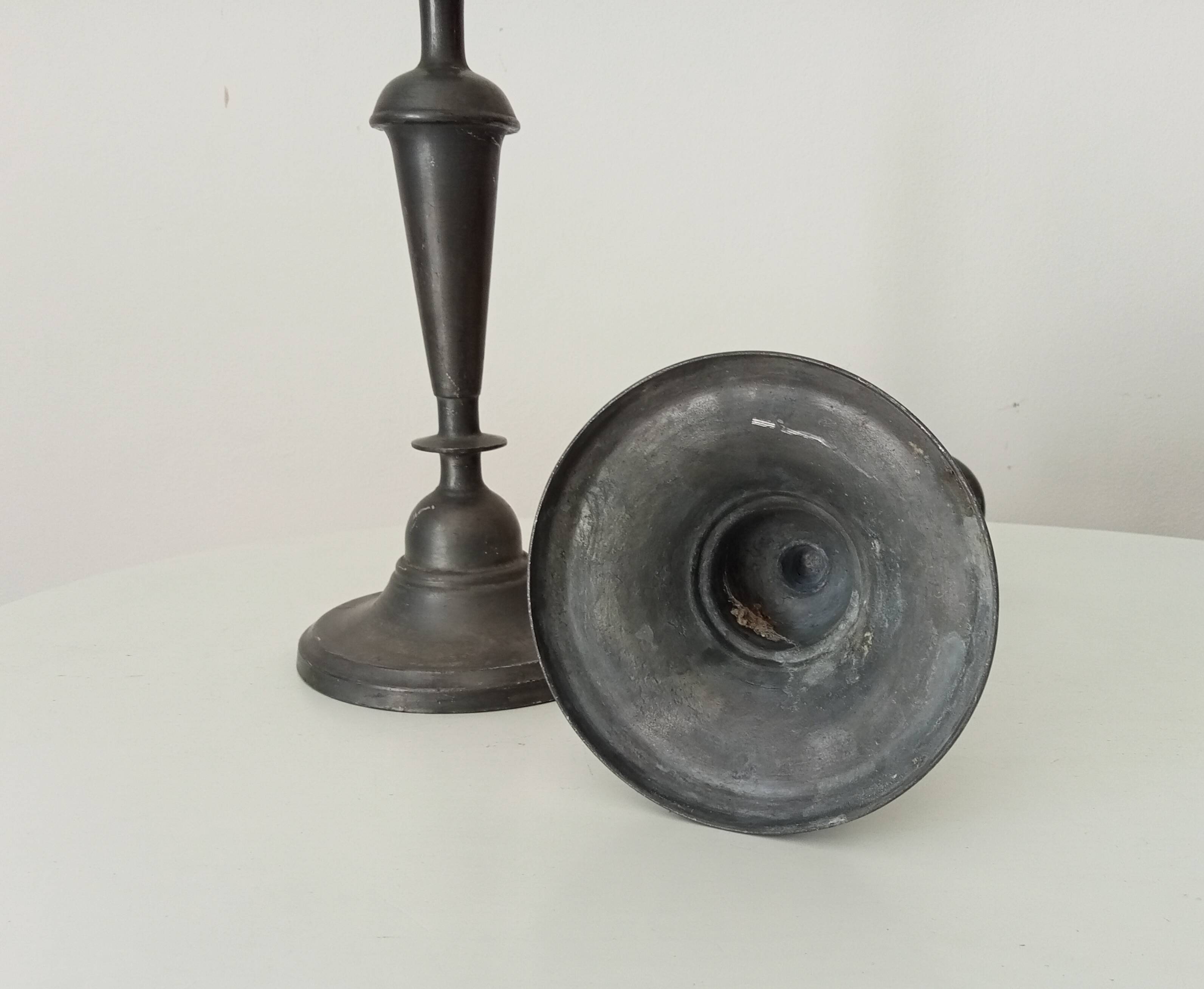 Pair of large old candlesticks in solid pewter
