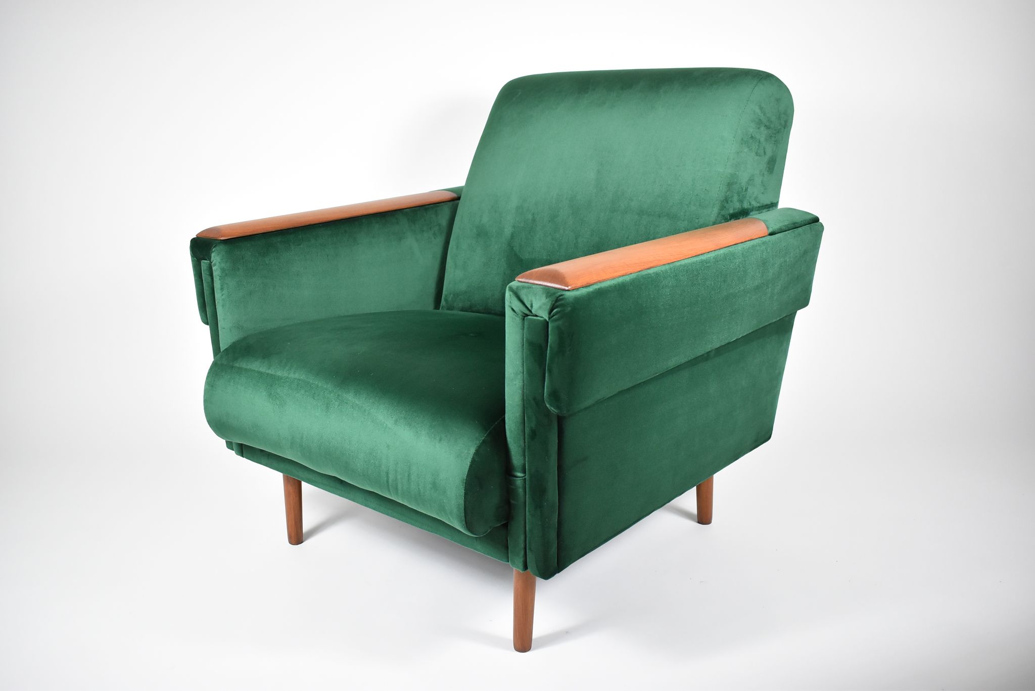 Vintage velvet armchair, 1960s, restored, green bottle